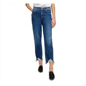 7 For All Mankind High‎ Waist Cropped Straight Dark Wash Frayed Hem Jeans